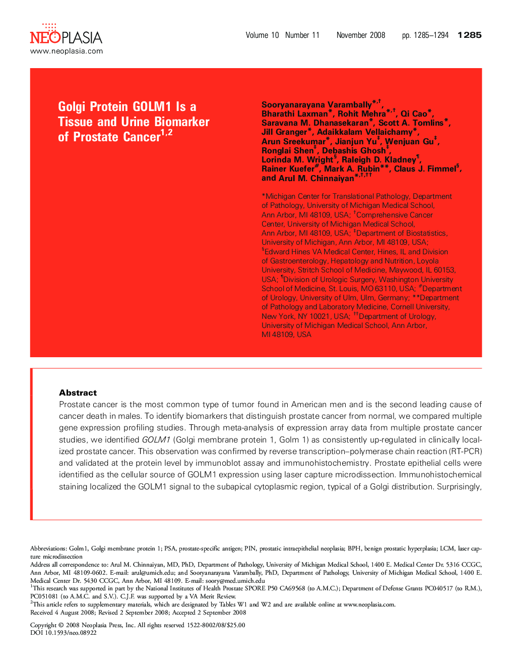 Golgi Protein GOLM1 Is a Tissue and Urine Biomarker of Prostate Cancer