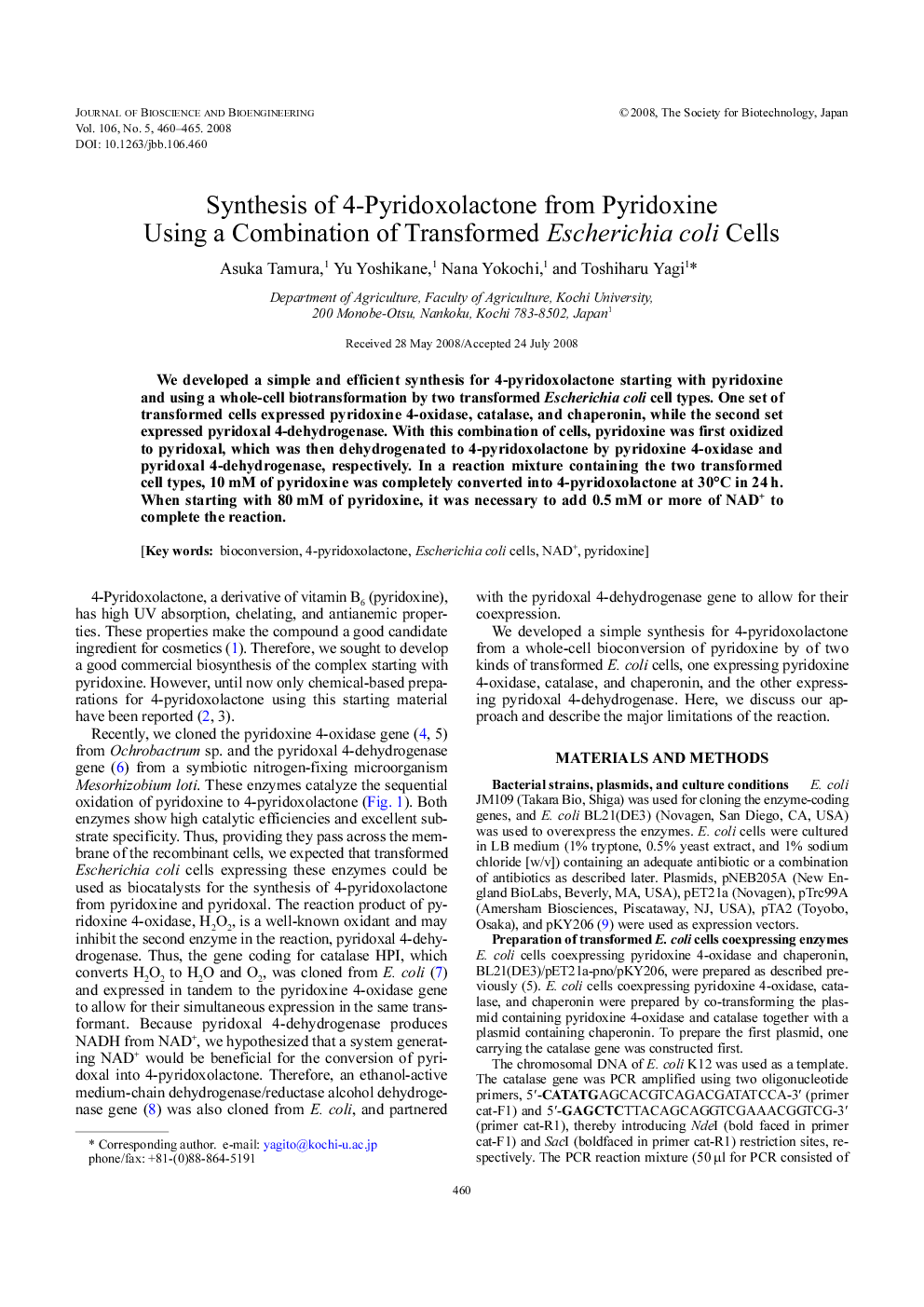 Synthesis of 4-Pyridoxolactone from Pyridoxine Using a Combination of Transformed Escherichia coli Cells