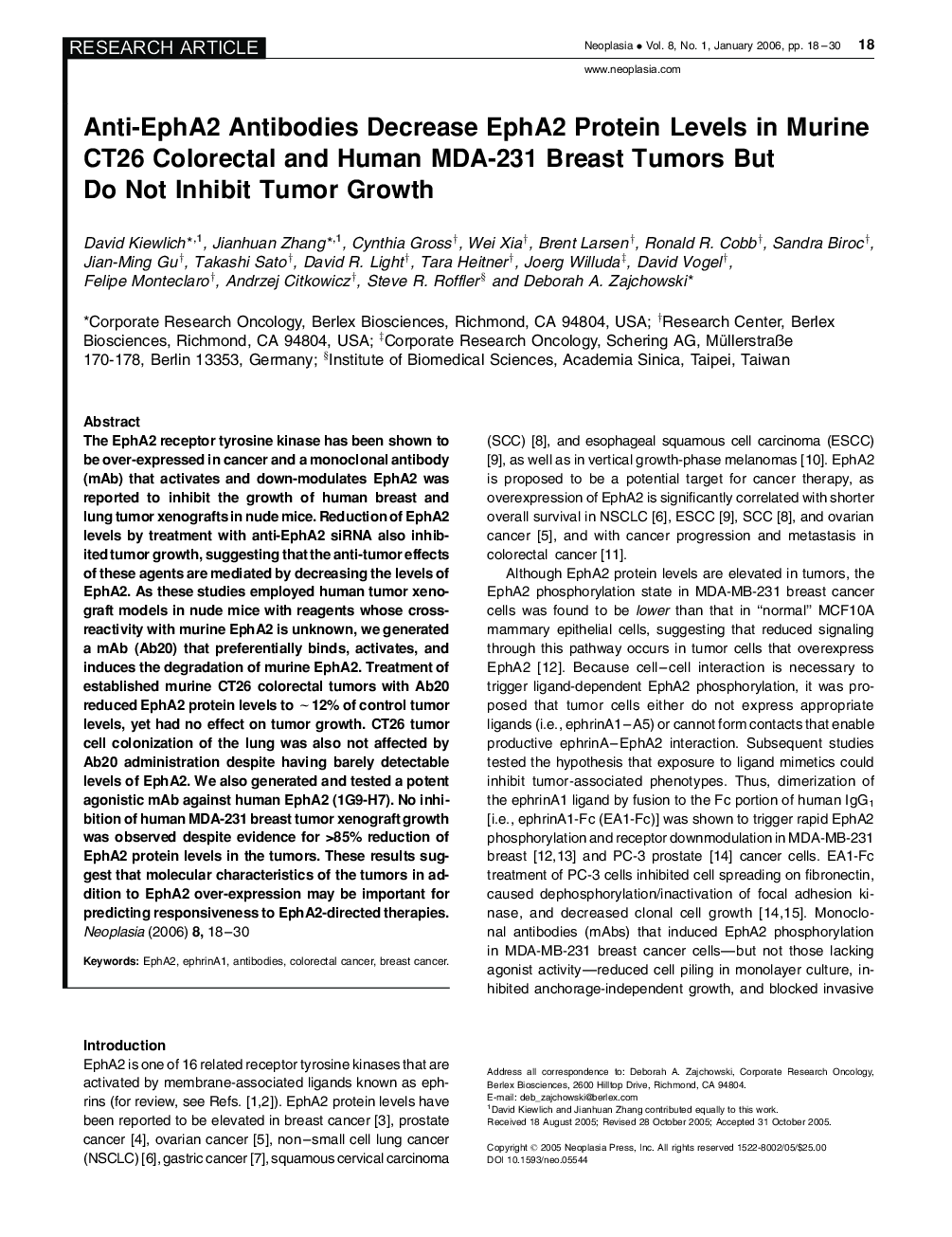Anti-EphA2 Antibodies Decrease EphA2 Protein Levels in Murine CT26 Colorectal and Human MDA-231 Breast Tumors But Do Not Inhibit Tumor Growth