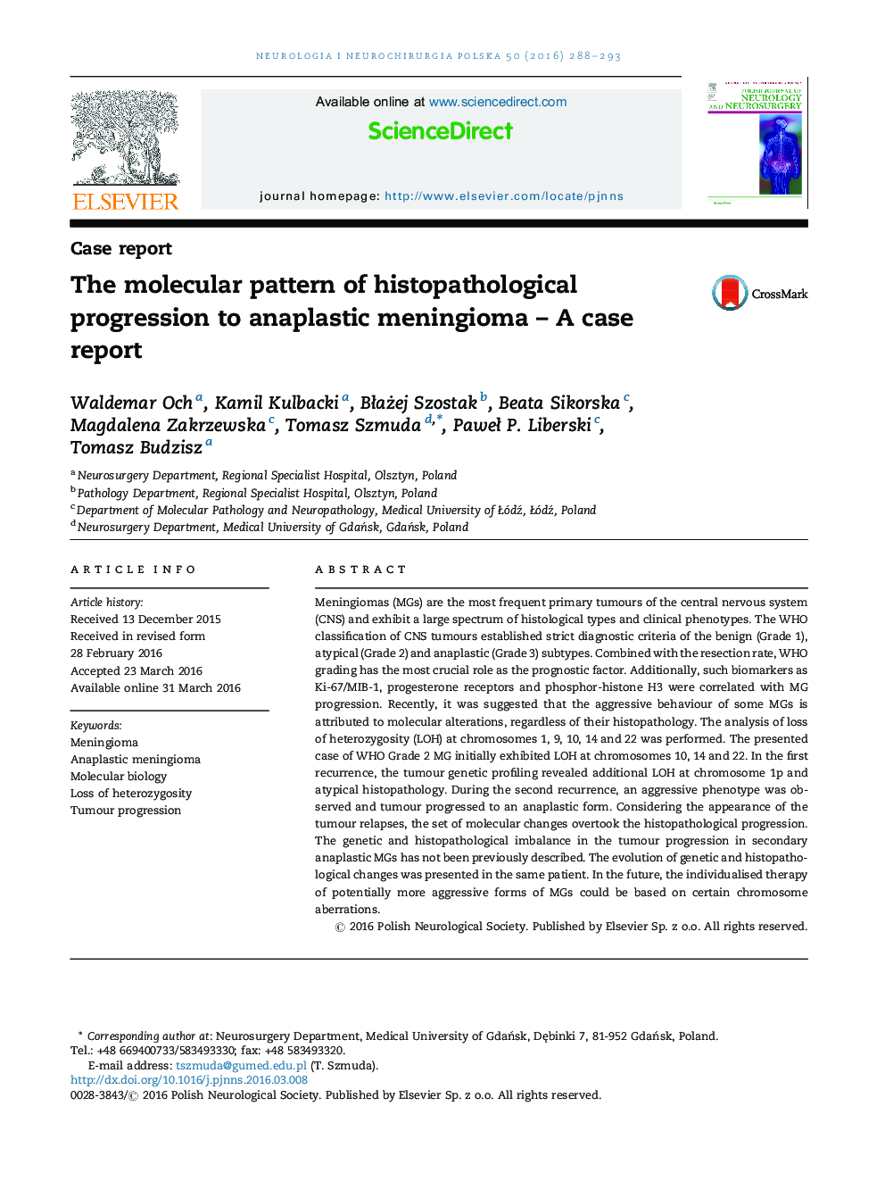The molecular pattern of histopathological progression to anaplastic meningioma – A case report