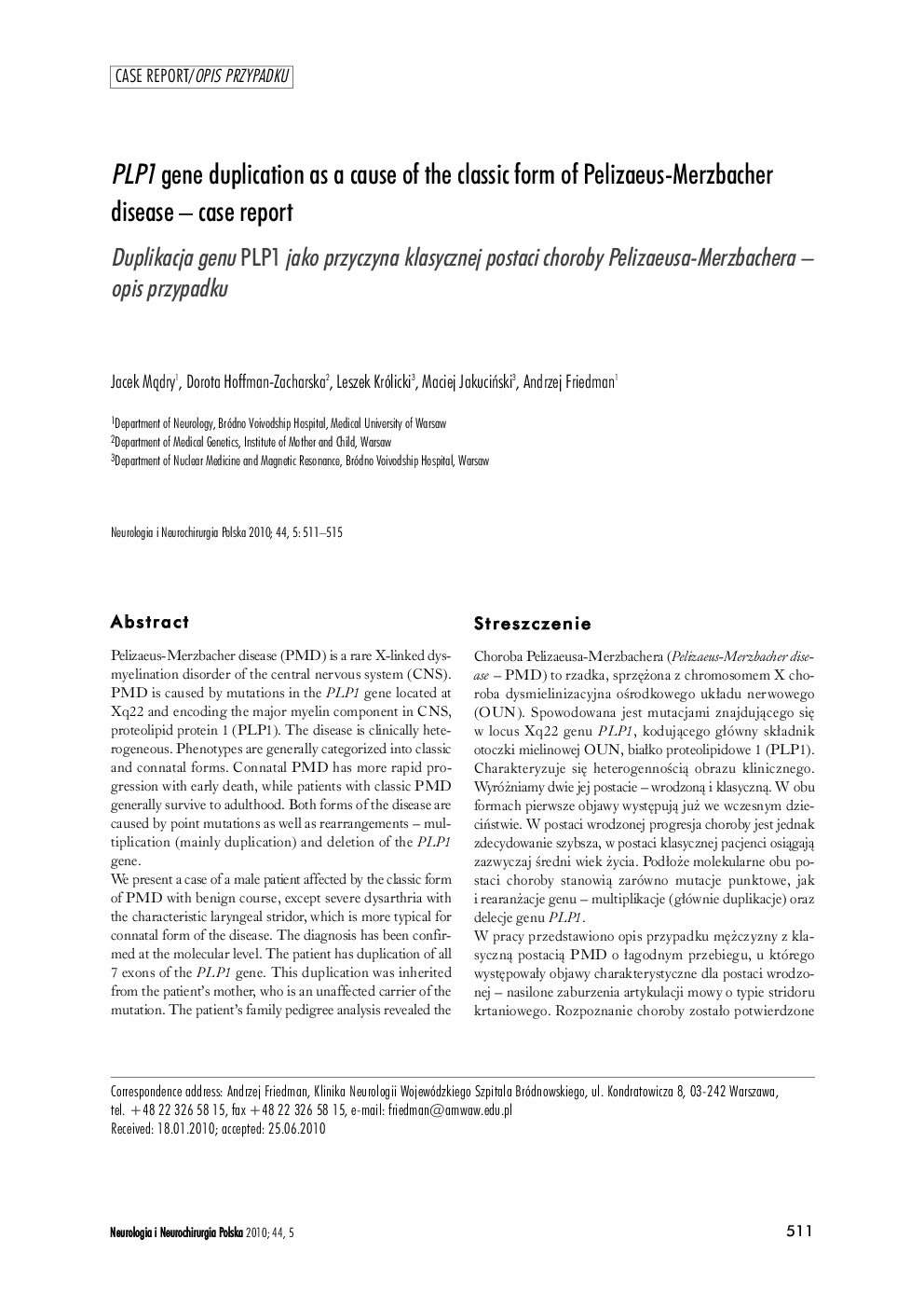 PLP1 gene duplication as a cause of the classic form of Pelizaeus-Merzbacher disease – case report