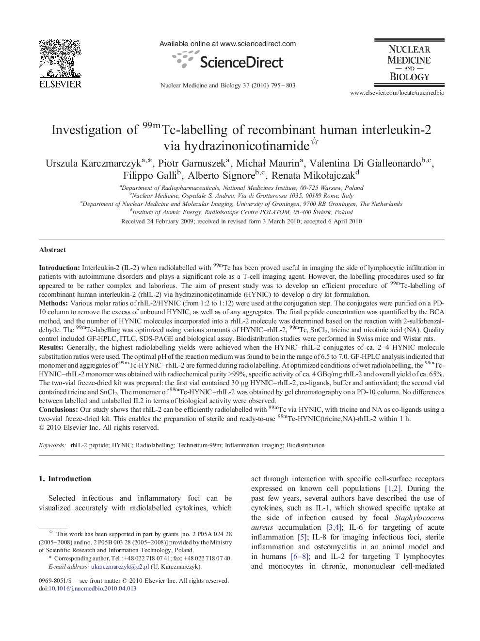 Investigation of 99mTc-labelling of recombinant human interleukin-2 via hydrazinonicotinamide 
