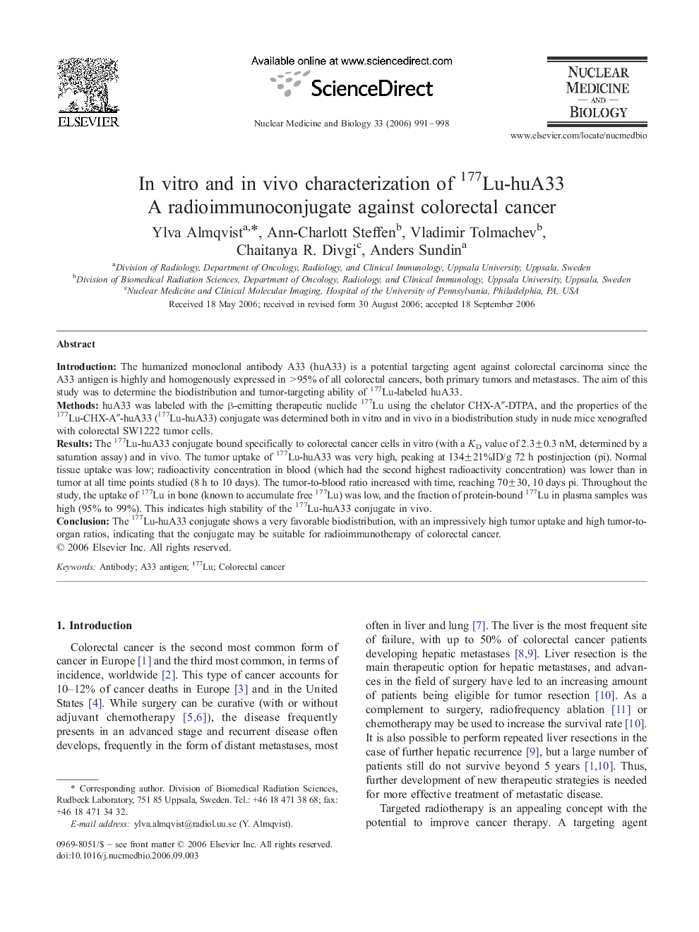 In vitro and in vivo characterization of 177Lu-huA33: A radioimmunoconjugate against colorectal cancer