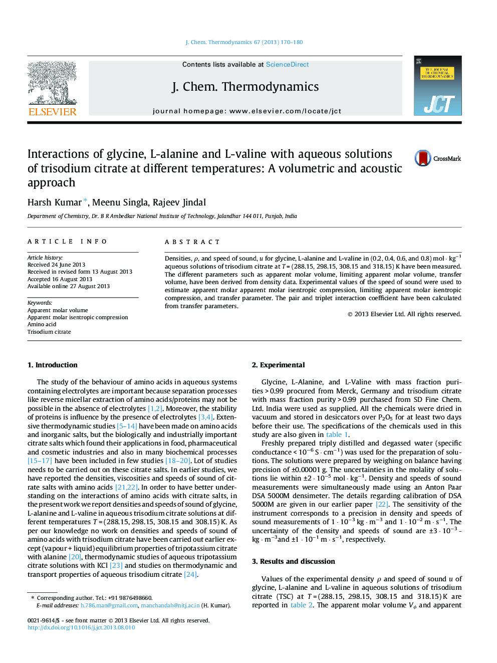 Interactions of glycine, L-alanine and L-valine with aqueous solutions of trisodium citrate at different temperatures: A volumetric and acoustic approach