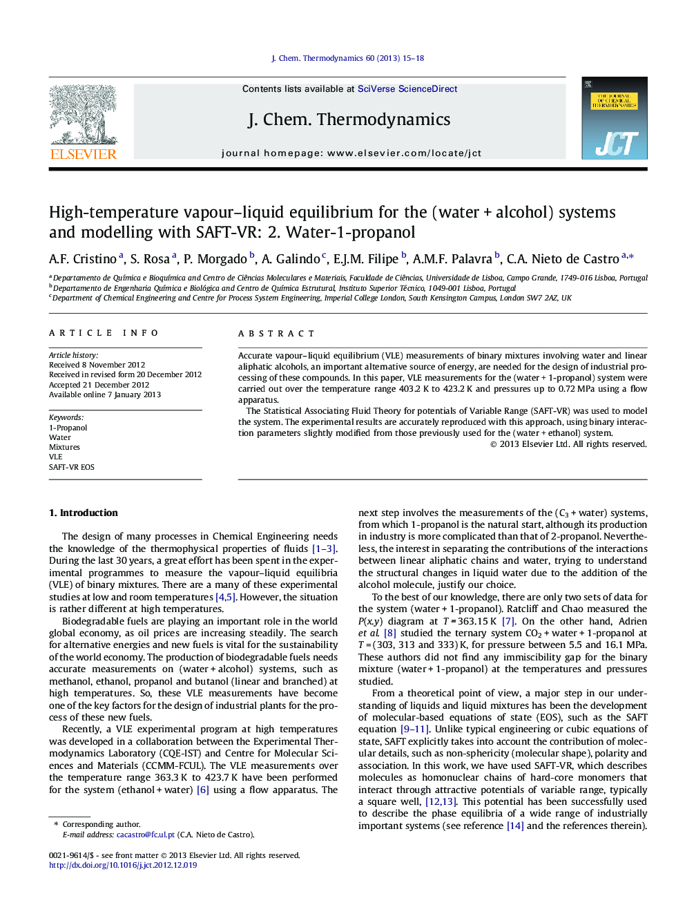 High-temperature vapour–liquid equilibrium for the (water + alcohol) systems and modelling with SAFT-VR: 2. Water-1-propanol