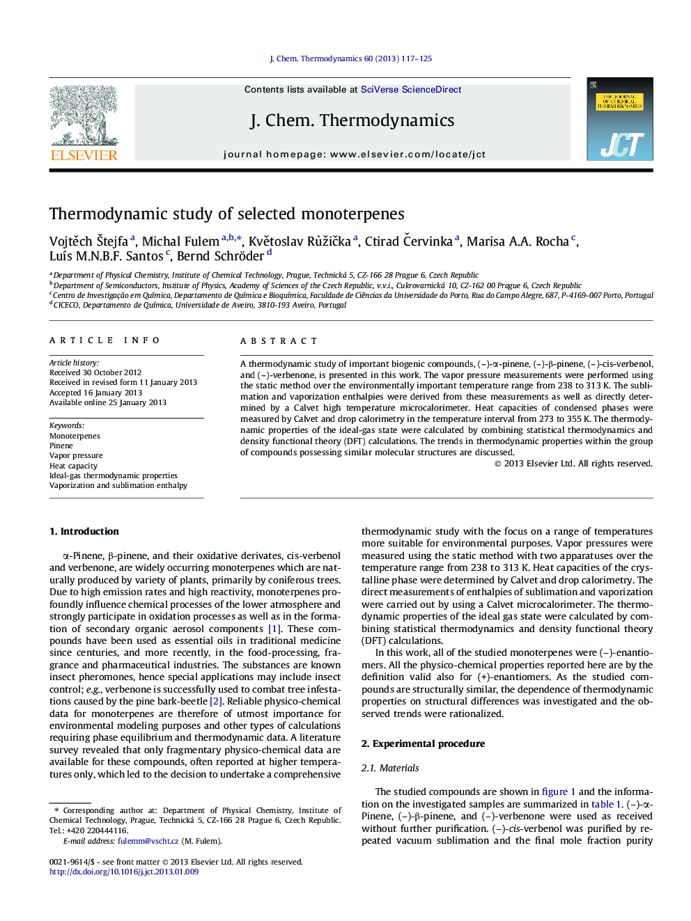 Thermodynamic study of selected monoterpenes