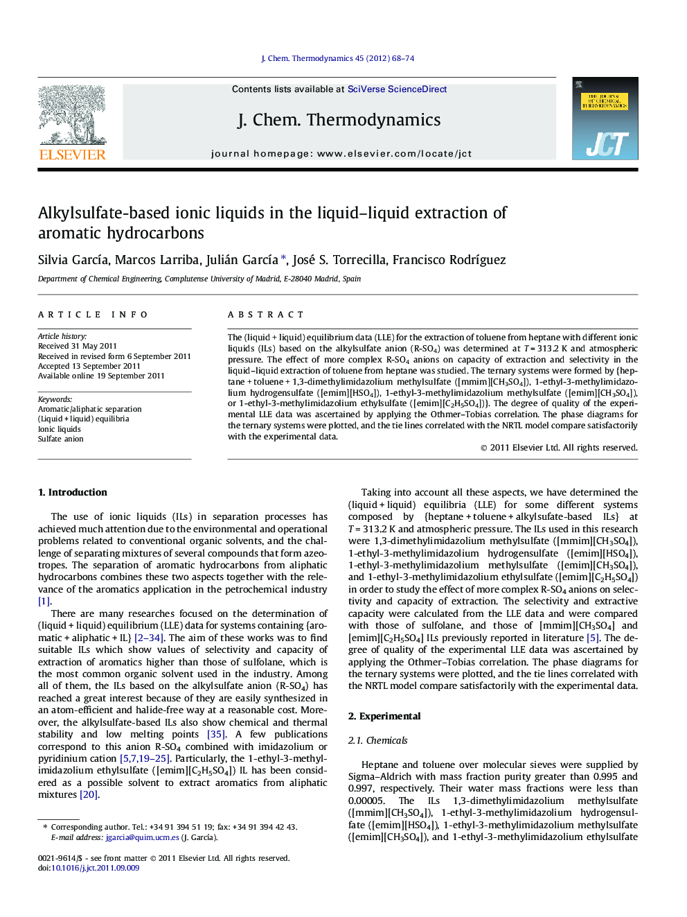 Alkylsulfate-based ionic liquids in the liquid–liquid extraction of aromatic hydrocarbons