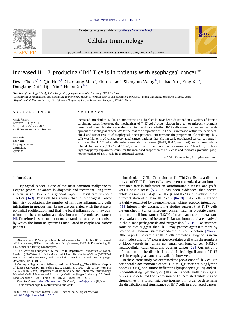 Increased IL-17-producing CD4+ T cells in patients with esophageal cancer 