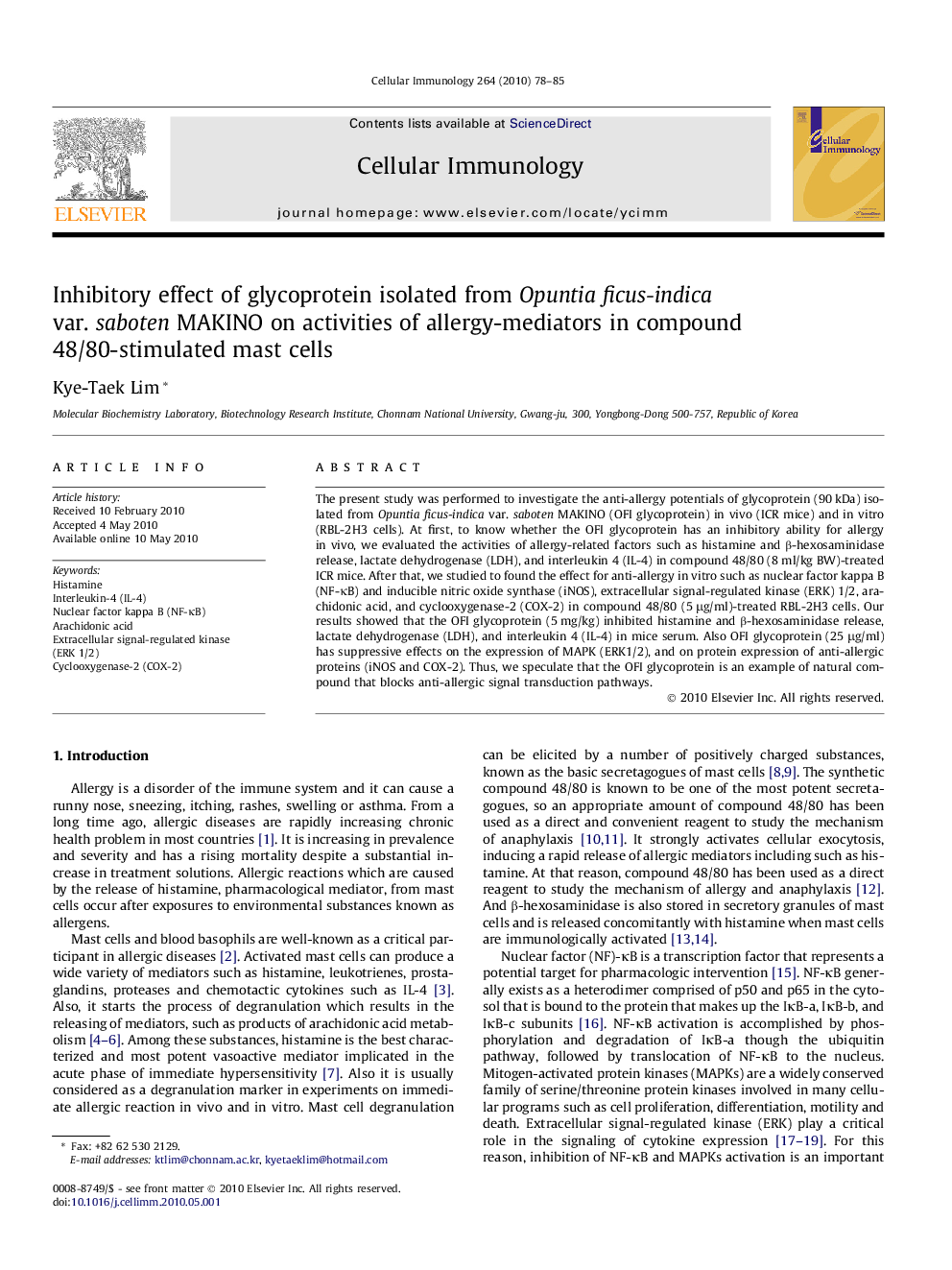 Inhibitory effect of glycoprotein isolated from Opuntia ficus-indica var. saboten MAKINO on activities of allergy-mediators in compound 48/80-stimulated mast cells