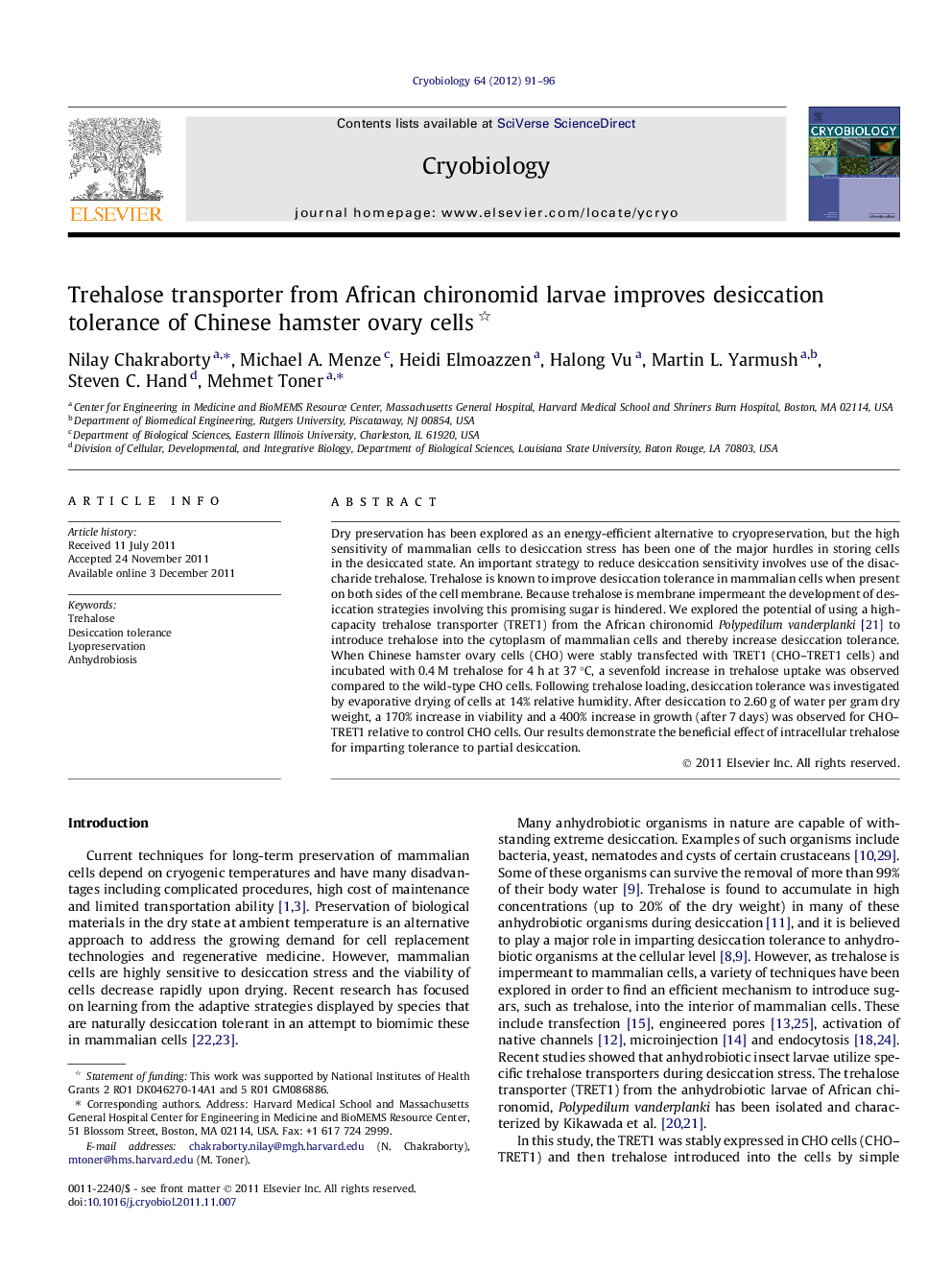 Trehalose transporter from African chironomid larvae improves desiccation tolerance of Chinese hamster ovary cells