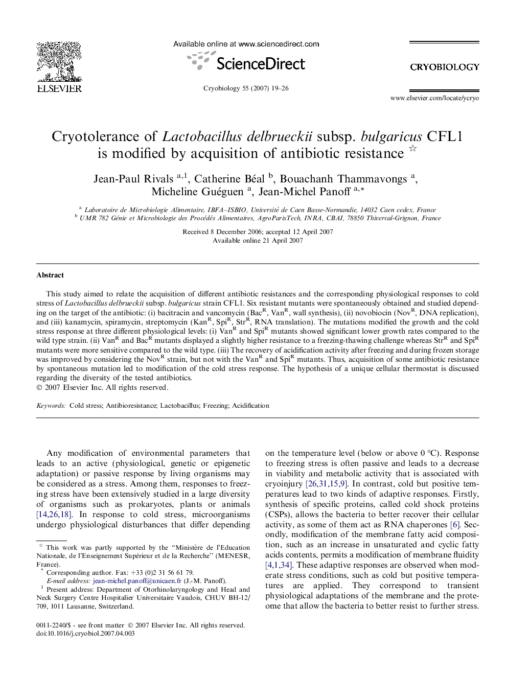 Cryotolerance of Lactobacillus delbrueckii subsp. bulgaricus CFL1 is modified by acquisition of antibiotic resistance 