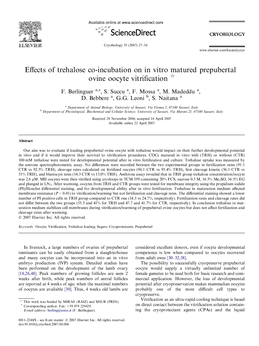 Effects of trehalose co-incubation on in vitro matured prepubertal ovine oocyte vitrification 