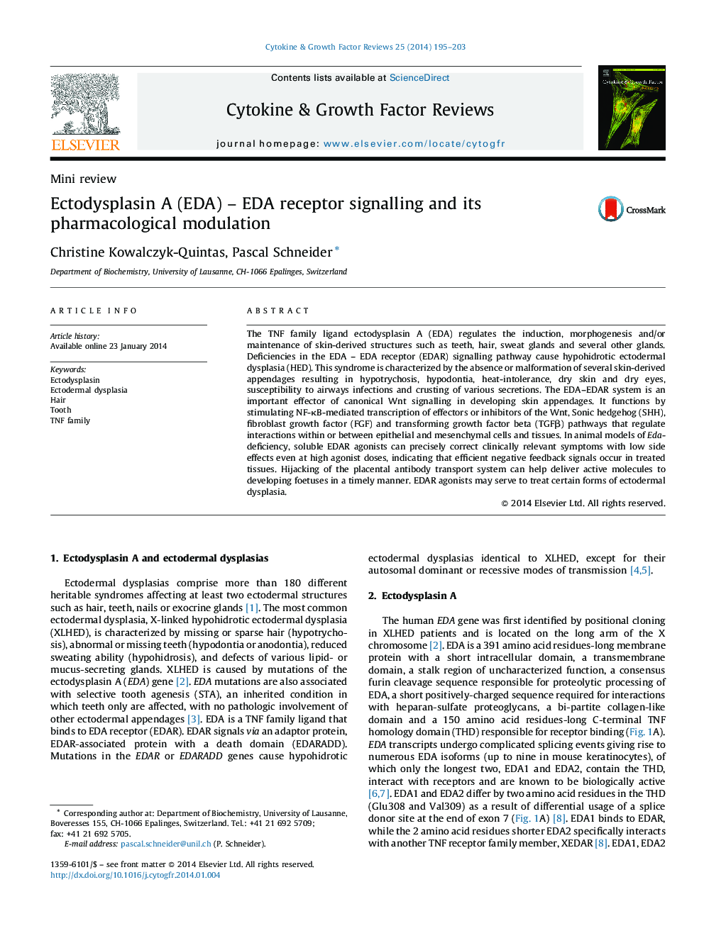 Ectodysplasin A (EDA) – EDA receptor signalling and its pharmacological modulation