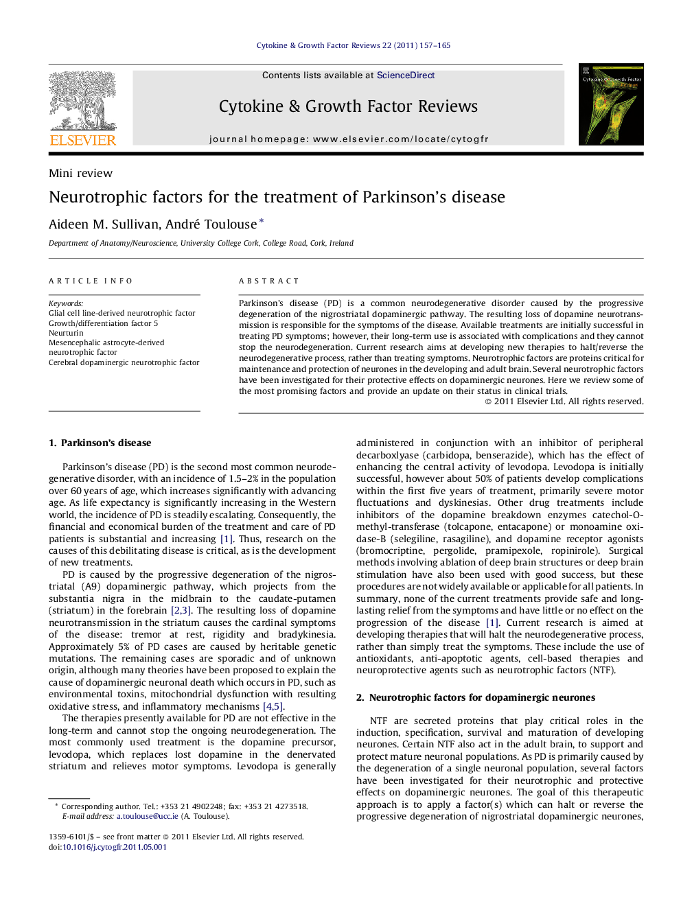 Neurotrophic factors for the treatment of Parkinson's disease