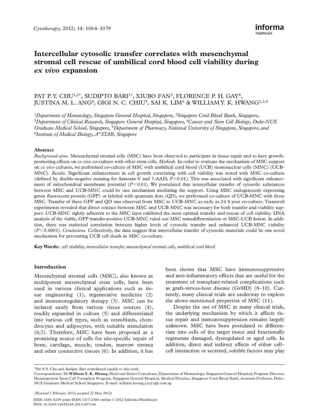 Intercellular cytosolic transfer correlates with mesenchymal stromal cell rescue of umbilical cord blood cell viability during ex vivo expansion