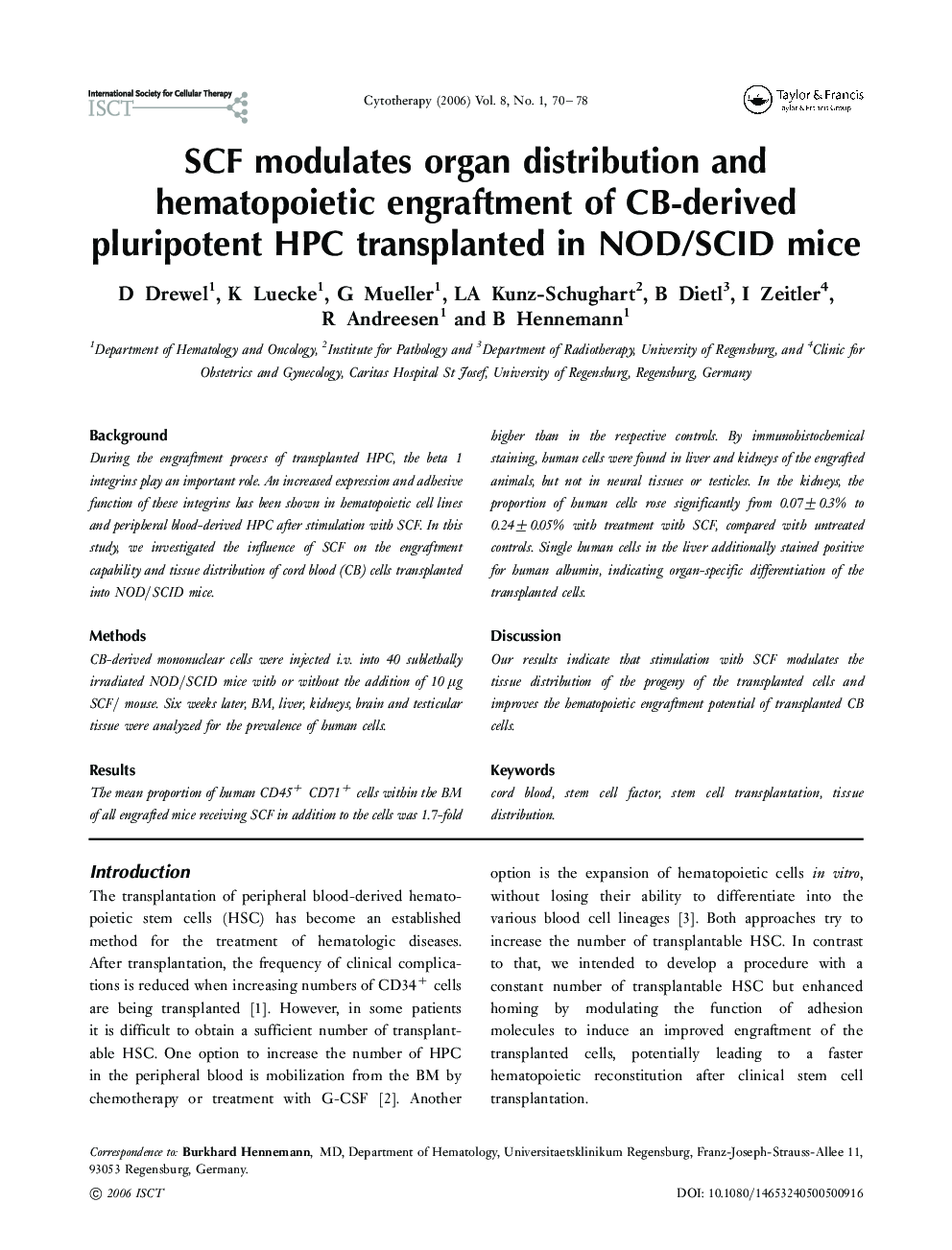 SCF modulates organ distribution and hematopoietic engraftment of CB-derived pluripotent HPC transplanted in NOD/SCID mice