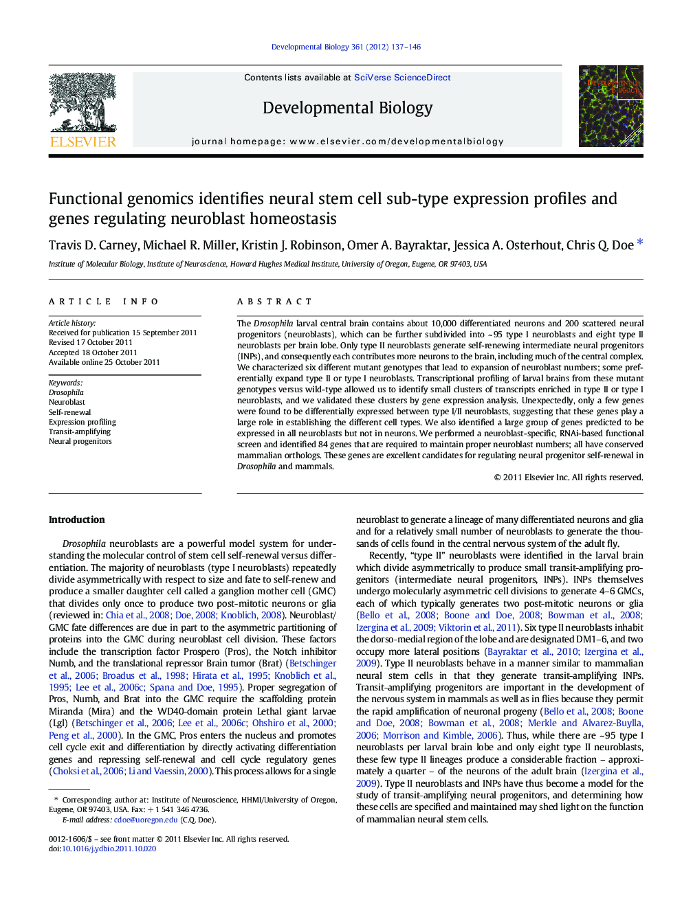 Functional genomics identifies neural stem cell sub-type expression profiles and genes regulating neuroblast homeostasis