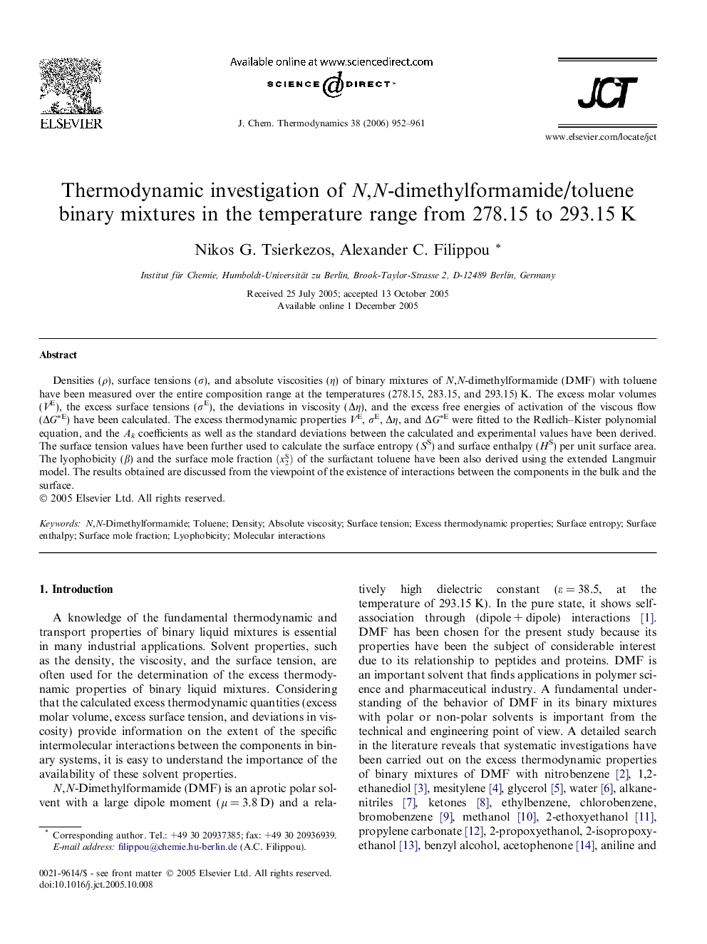 Thermodynamic investigation of N,N-dimethylformamide/toluene binary mixtures in the temperature range from 278.15 to 293.15 K