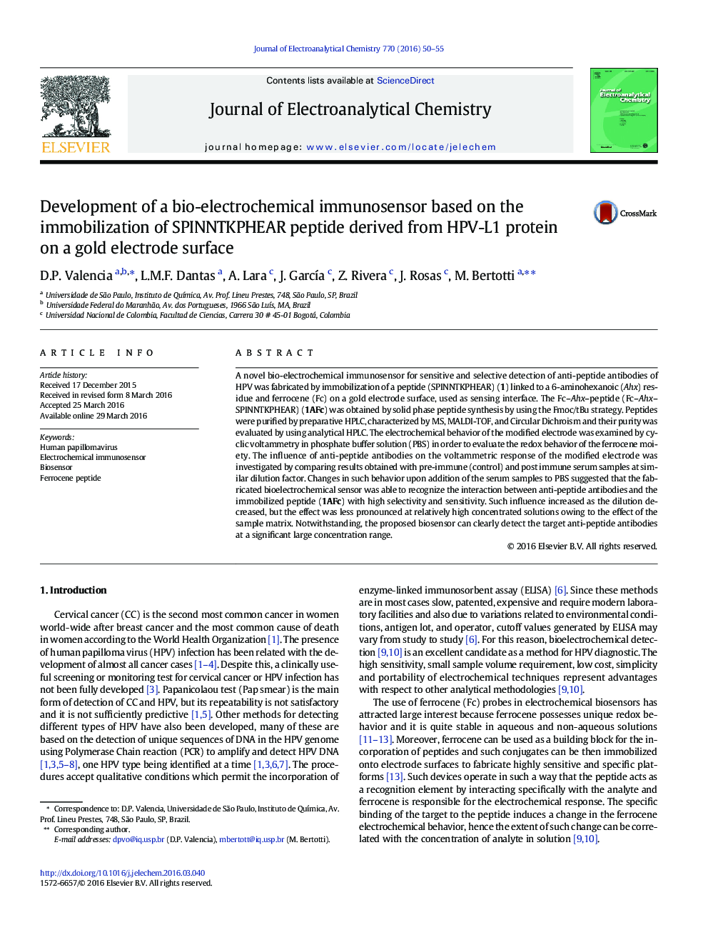 Development of a bio-electrochemical immunosensor based on the immobilization of SPINNTKPHEAR peptide derived from HPV-L1 protein on a gold electrode surface