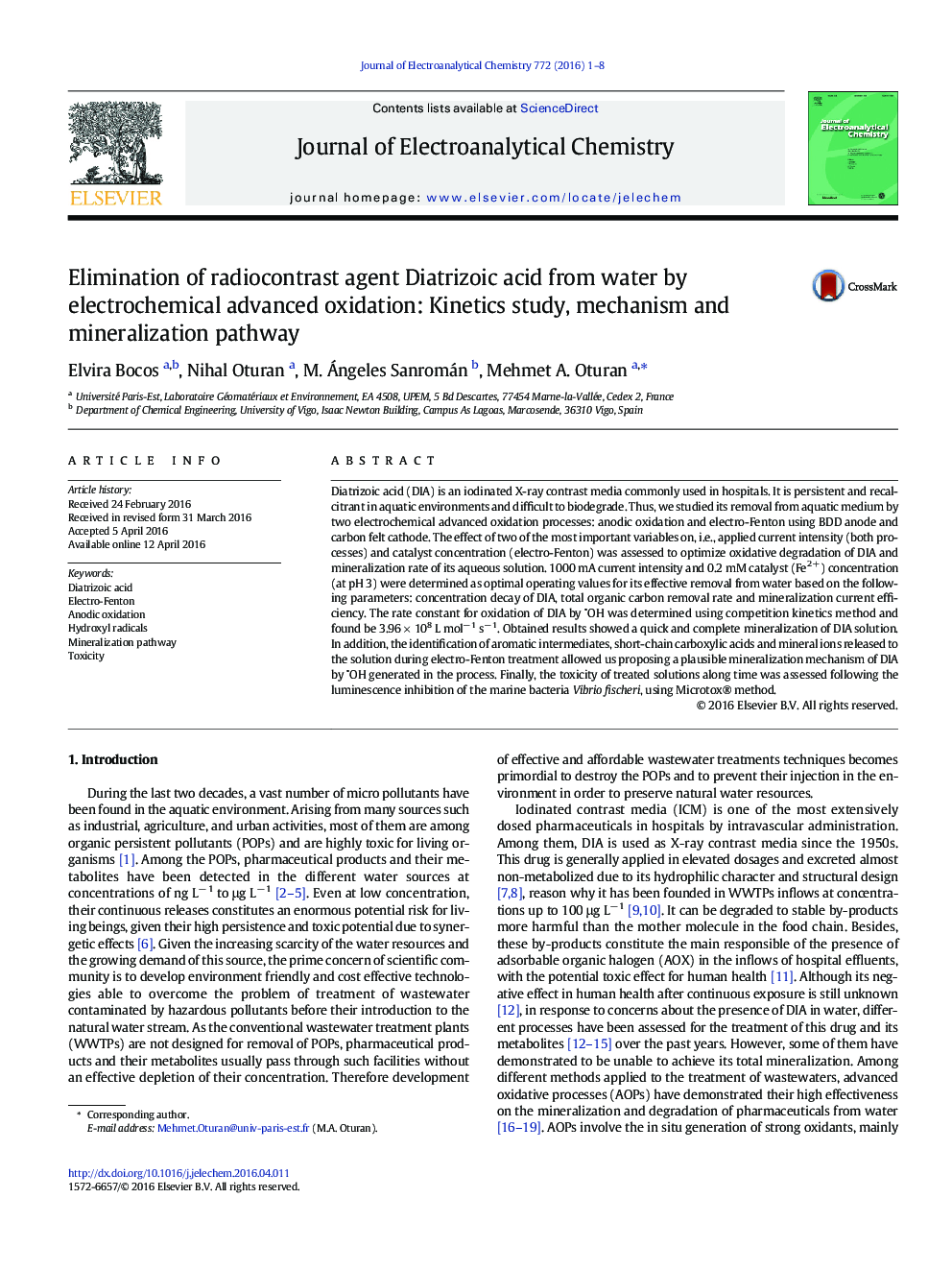 از بین بردن اسید دیتریت زائو از آب با اکسیداسیون پیشرفته الکتروشیمیایی: مطالعه سینتیک، مکانیزم و مسیر کانی سازی 