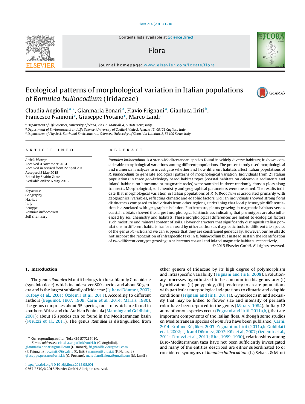 Ecological patterns of morphological variation in Italian populations of Romulea bulbocodium (Iridaceae)