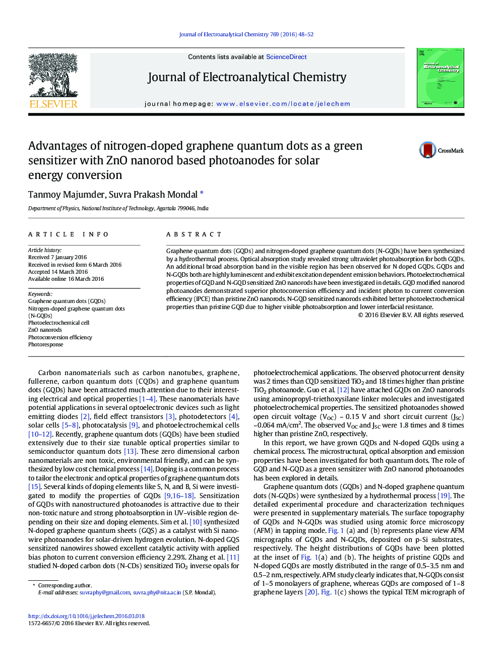 Advantages of nitrogen-doped graphene quantum dots as a green sensitizer with ZnO nanorod based photoanodes for solar energy conversion
