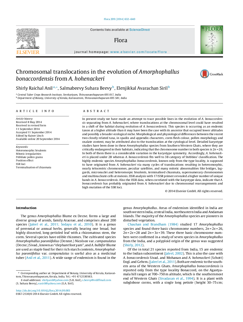 Chromosomal translocations in the evolution of Amorphophallus bonaccordensis from A. hohenackeri