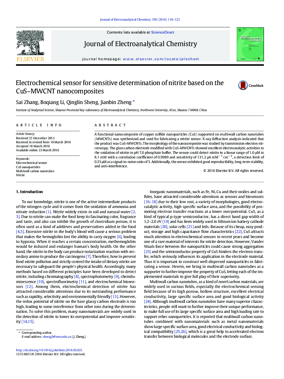 Electrochemical sensor for sensitive determination of nitrite based on the CuS–MWCNT nanocomposites