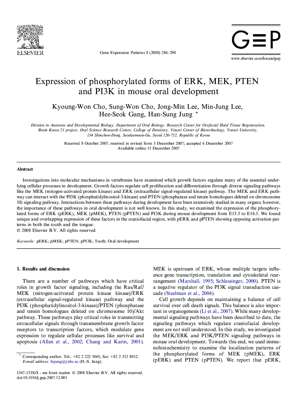 Expression of phosphorylated forms of ERK, MEK, PTEN and PI3K in mouse oral development