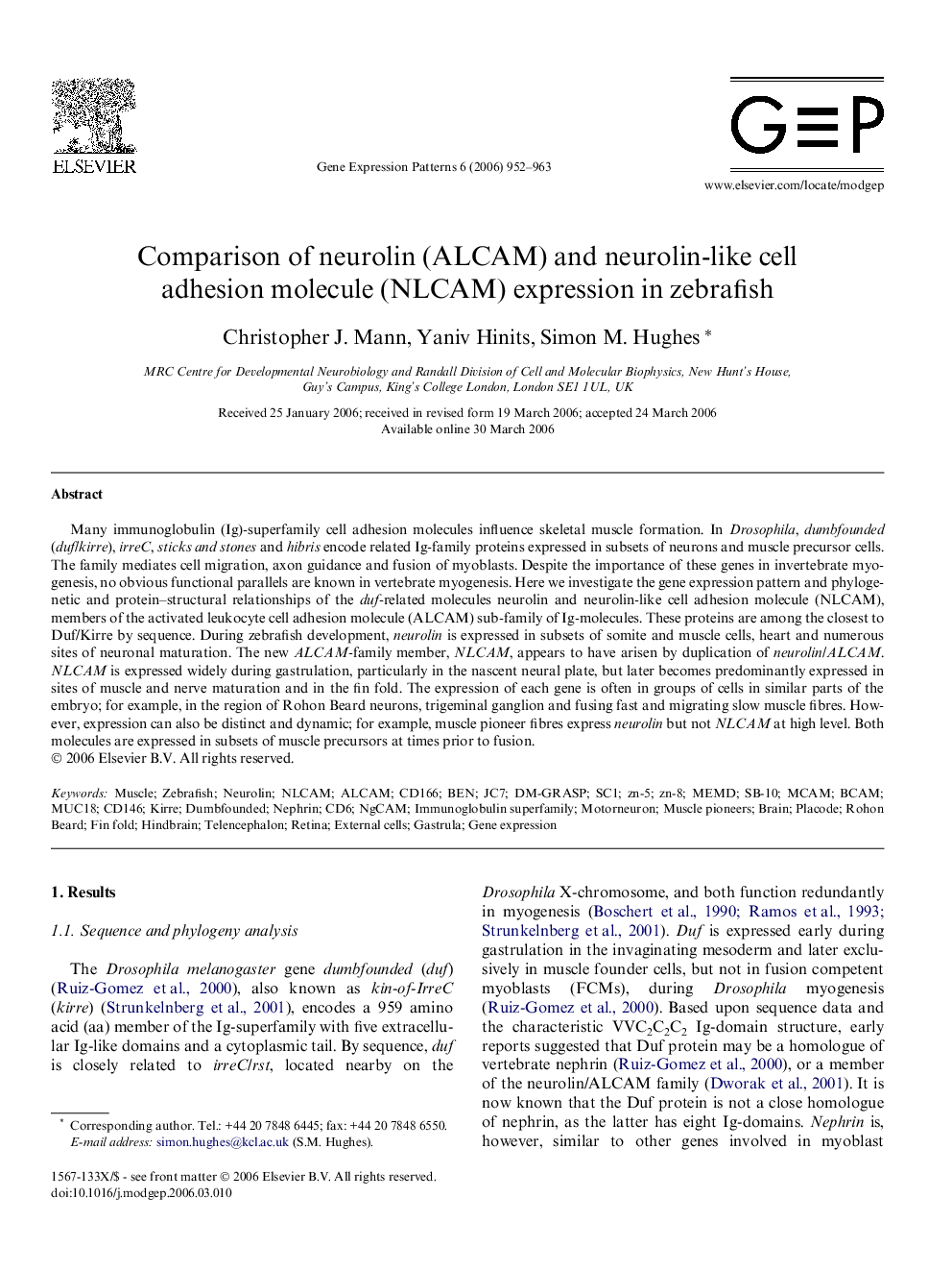 Comparison of neurolin (ALCAM) and neurolin-like cell adhesion molecule (NLCAM) expression in zebrafish