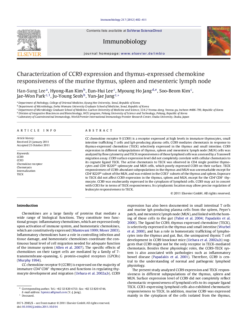 Characterization of CCR9 expression and thymus-expressed chemokine responsiveness of the murine thymus, spleen and mesenteric lymph node