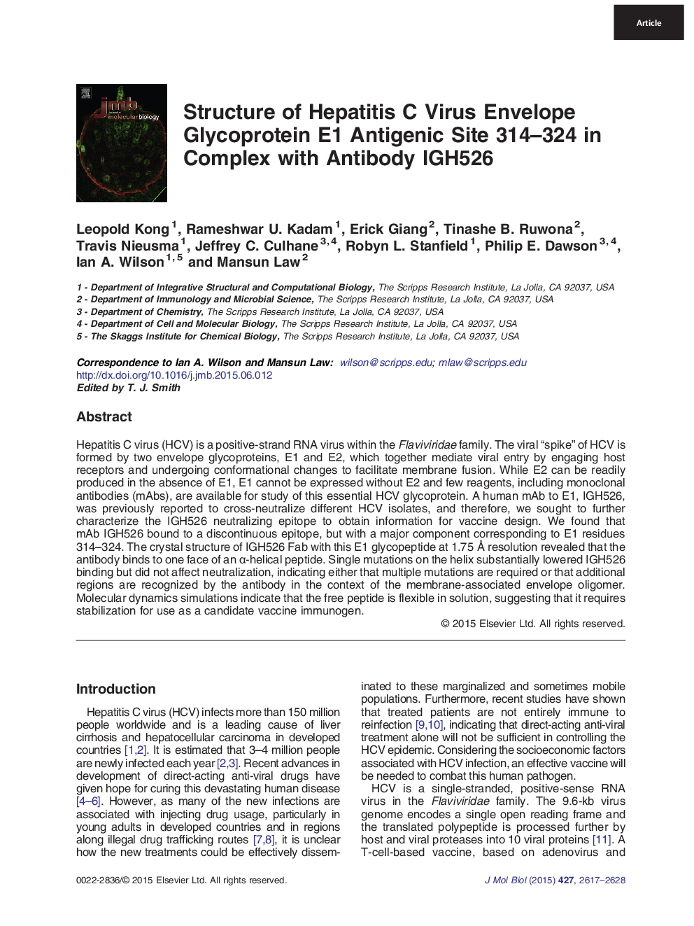 Structure of Hepatitis C Virus Envelope Glycoprotein E1 Antigenic Site 314–324 in Complex with Antibody IGH526