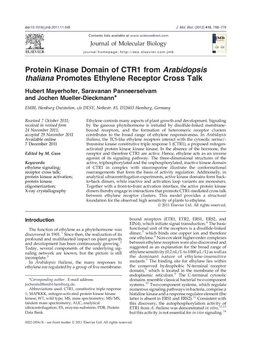 Protein Kinase Domain of CTR1 from Arabidopsis thaliana Promotes Ethylene Receptor Cross Talk