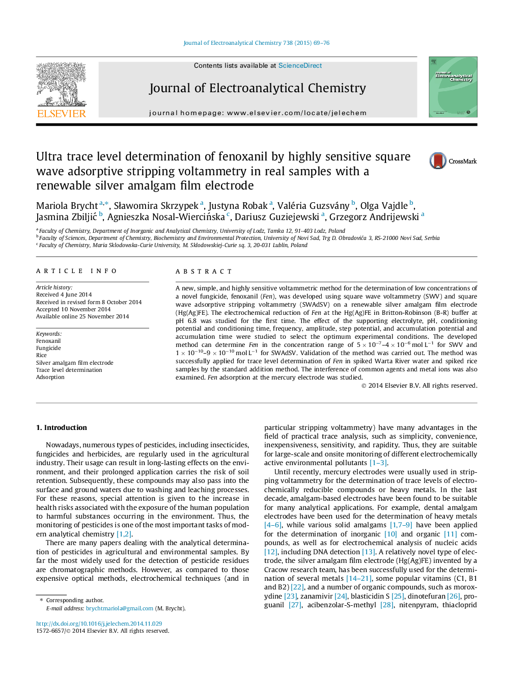 تعیین سطح ردیابی فوق العاده فنوکسیانیل توسط ولتاژ سنجی سلبس جذب شده با ولتاژ حساس در نمونه های واقعی با یک الکترود پلی اتیلن آمالگام 