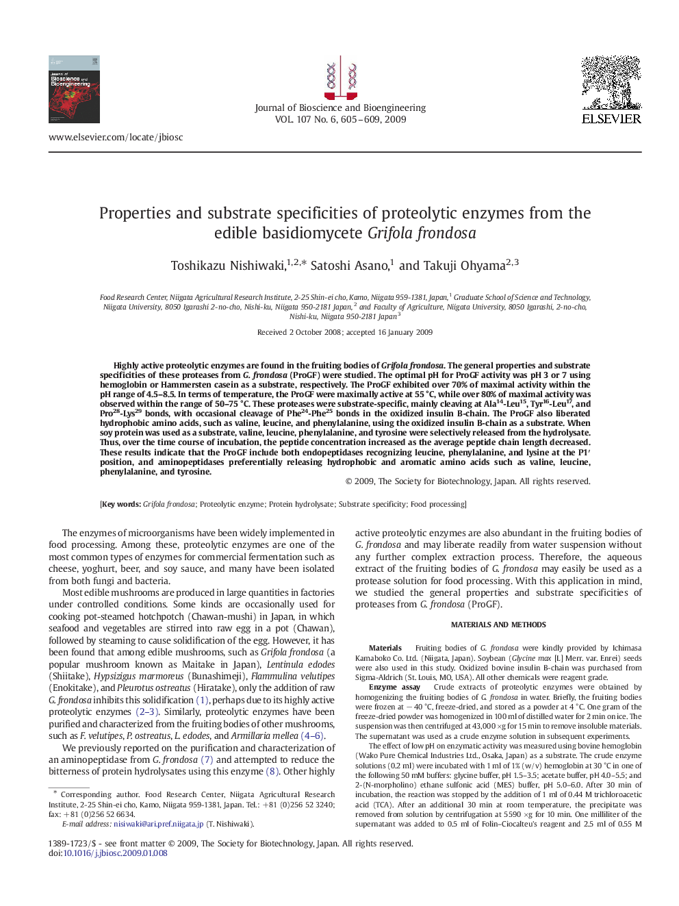 Properties and substrate specificities of proteolytic enzymes from the edible basidiomycete Grifola frondosa