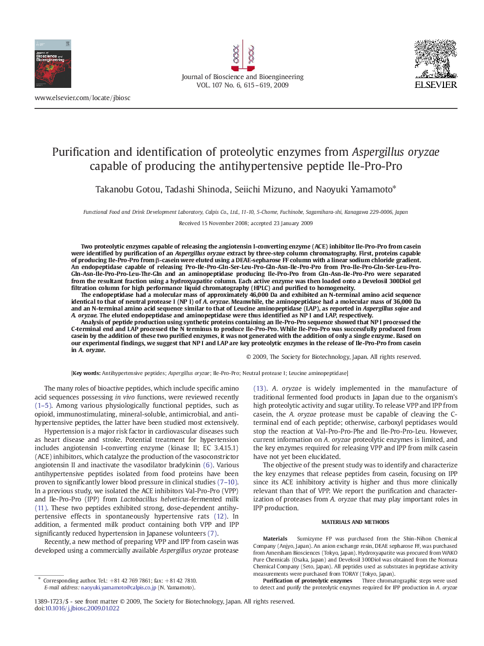 Purification and identification of proteolytic enzymes from Aspergillus oryzae capable of producing the antihypertensive peptide Ile-Pro-Pro