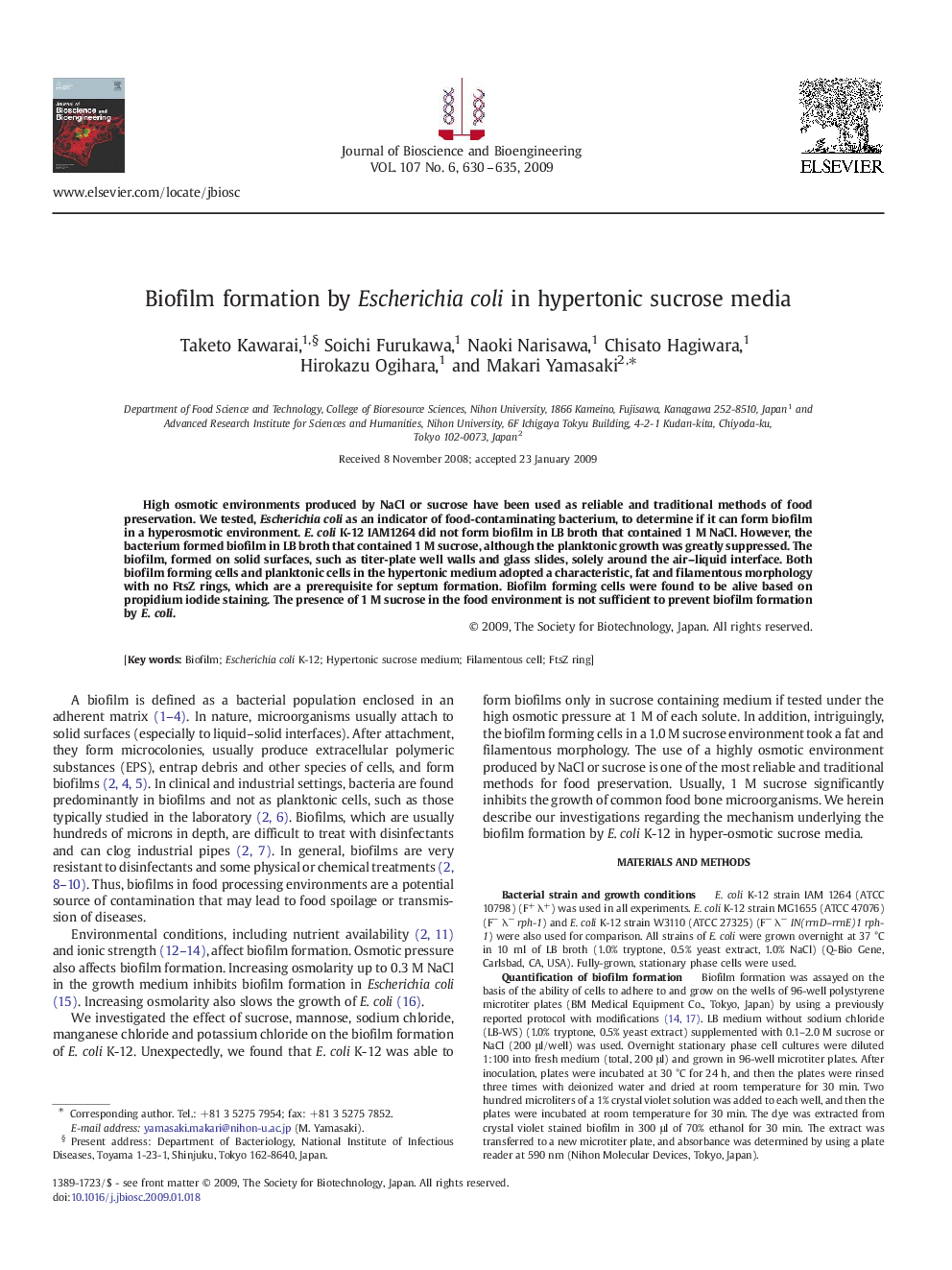 Biofilm formation by Escherichia coli in hypertonic sucrose media