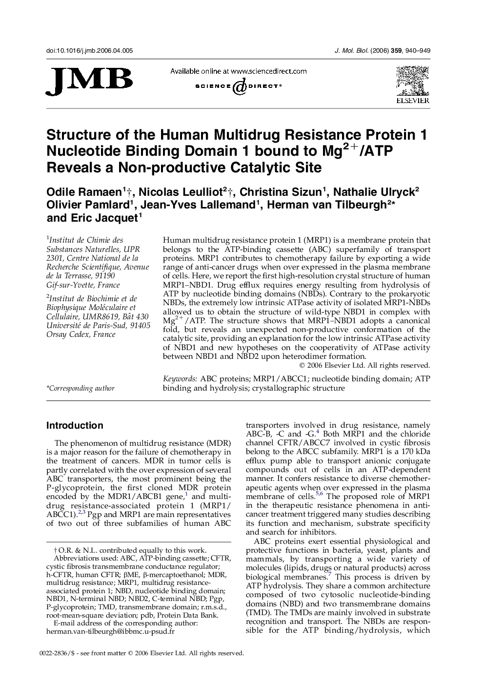 Structure of the Human Multidrug Resistance Protein 1 Nucleotide Binding Domain 1 bound to Mg2+/ATP Reveals a Non-productive Catalytic Site