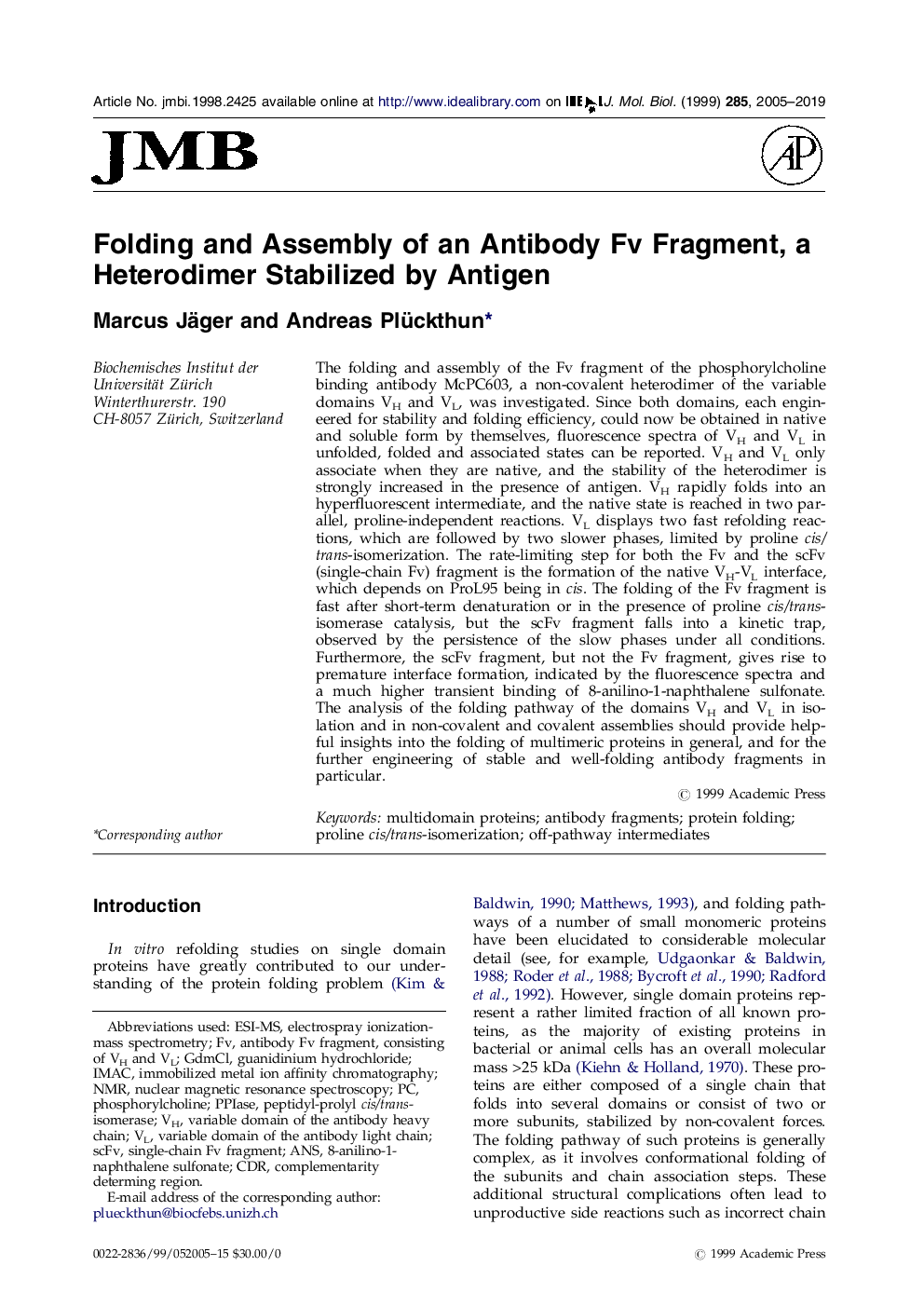 Folding and assembly of an antibody Fv fragment, a heterodimer stabilized by antigen1