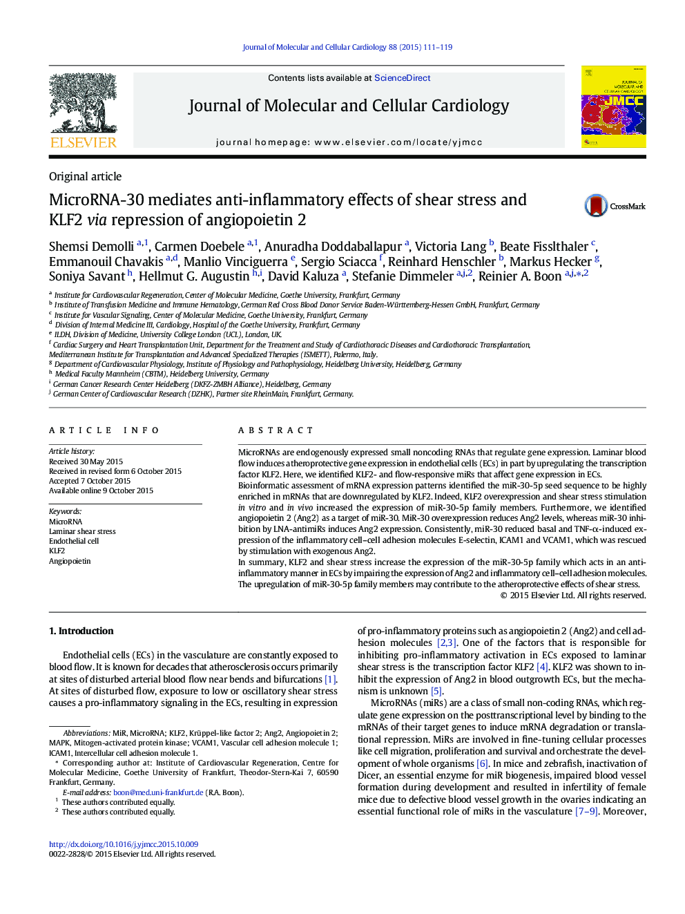 MicroRNA-30 mediates anti-inflammatory effects of shear stress and KLF2 via repression of angiopoietin 2