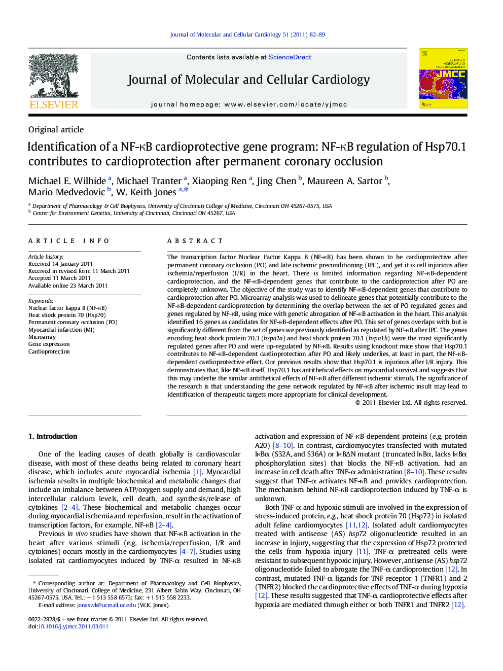 Identification of a NF-κB cardioprotective gene program: NF-κB regulation of Hsp70.1 contributes to cardioprotection after permanent coronary occlusion