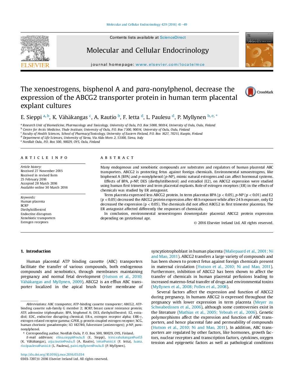 The xenoestrogens, bisphenol A and para-nonylphenol, decrease the expression of the ABCG2 transporter protein in human term placental explant cultures