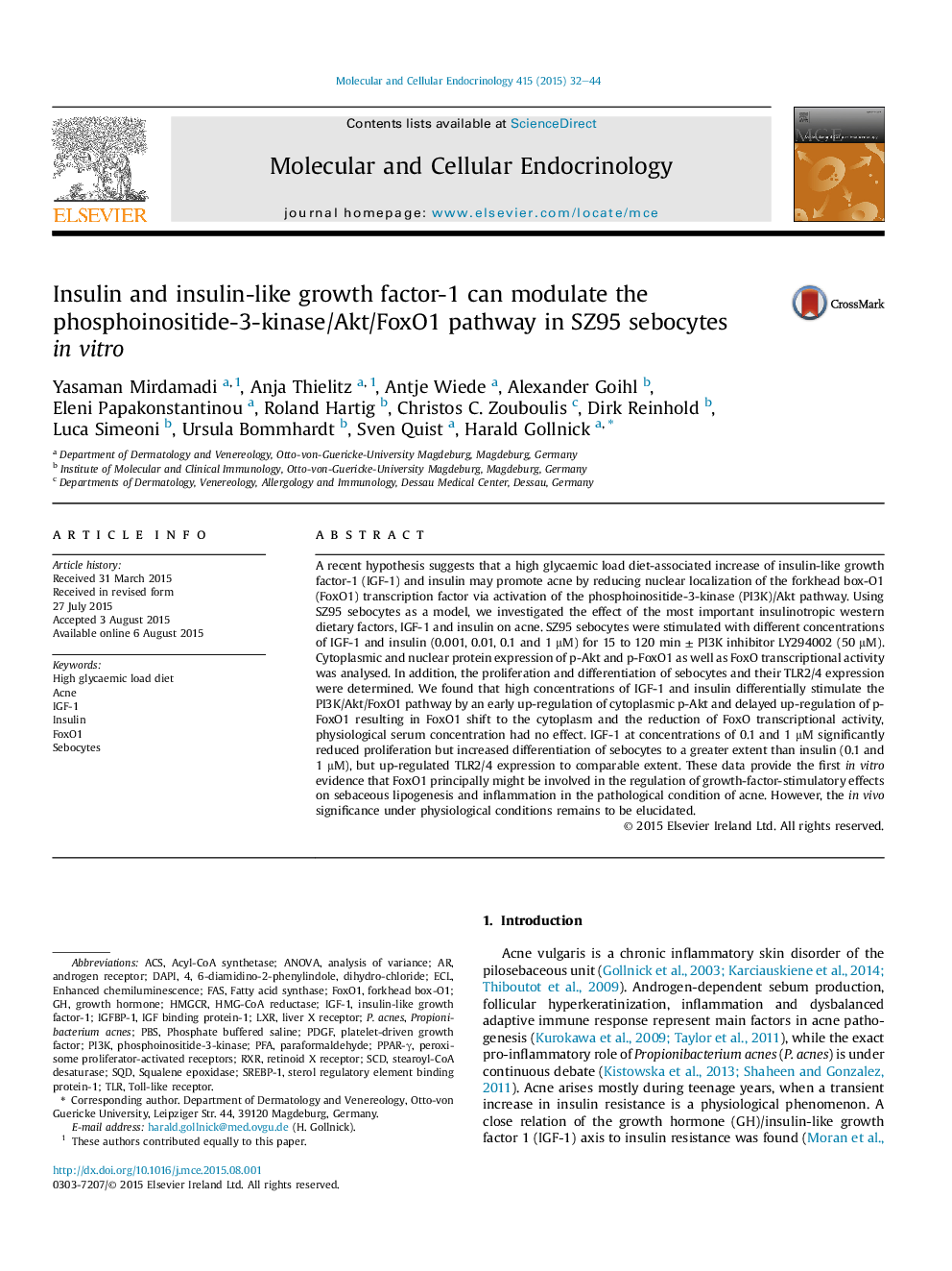 Insulin and insulin-like growth factor-1 can modulate the phosphoinositide-3-kinase/Akt/FoxO1 pathway in SZ95 sebocytes in vitro