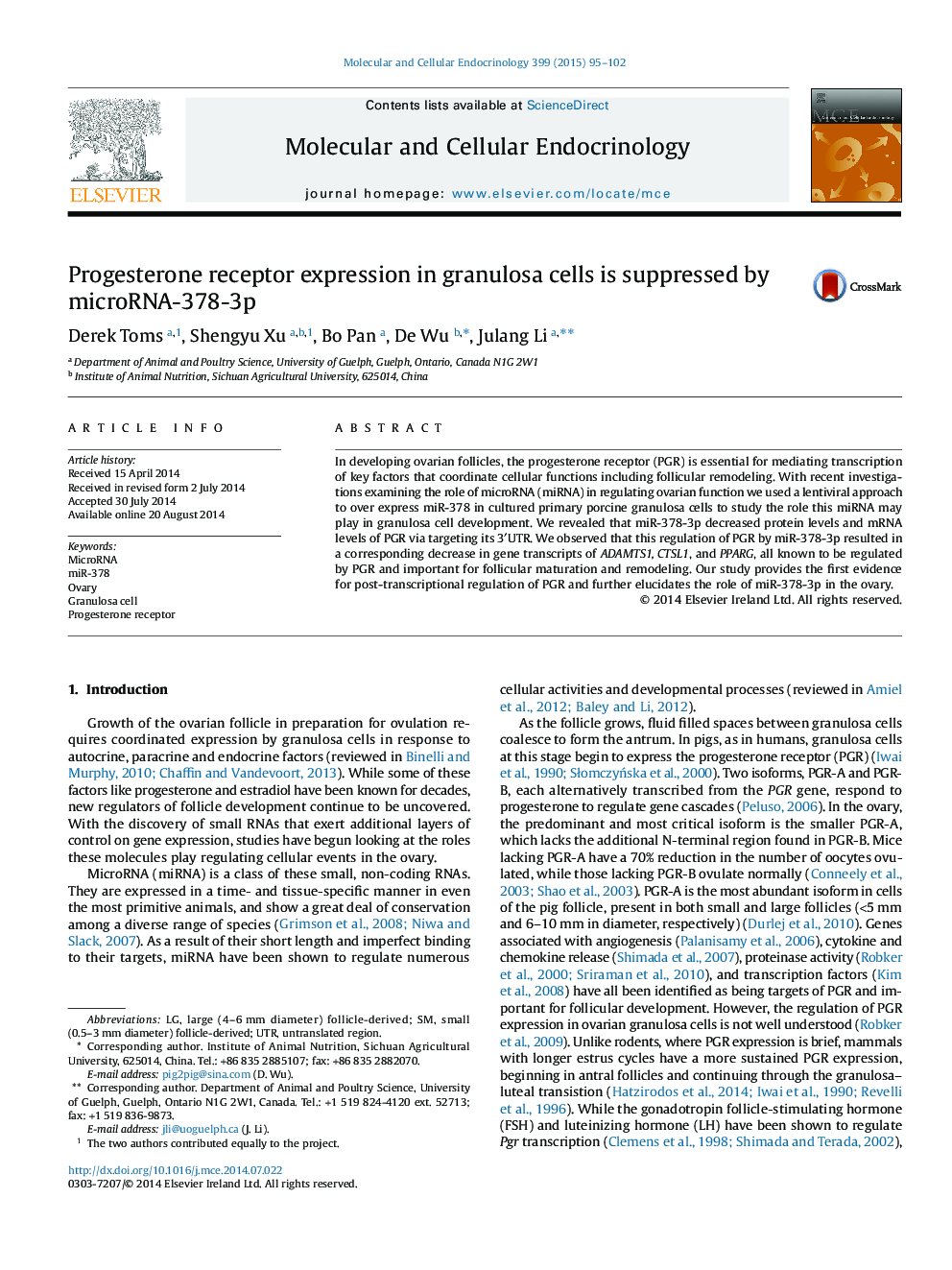 Progesterone receptor expression in granulosa cells is suppressed by microRNA-378-3p