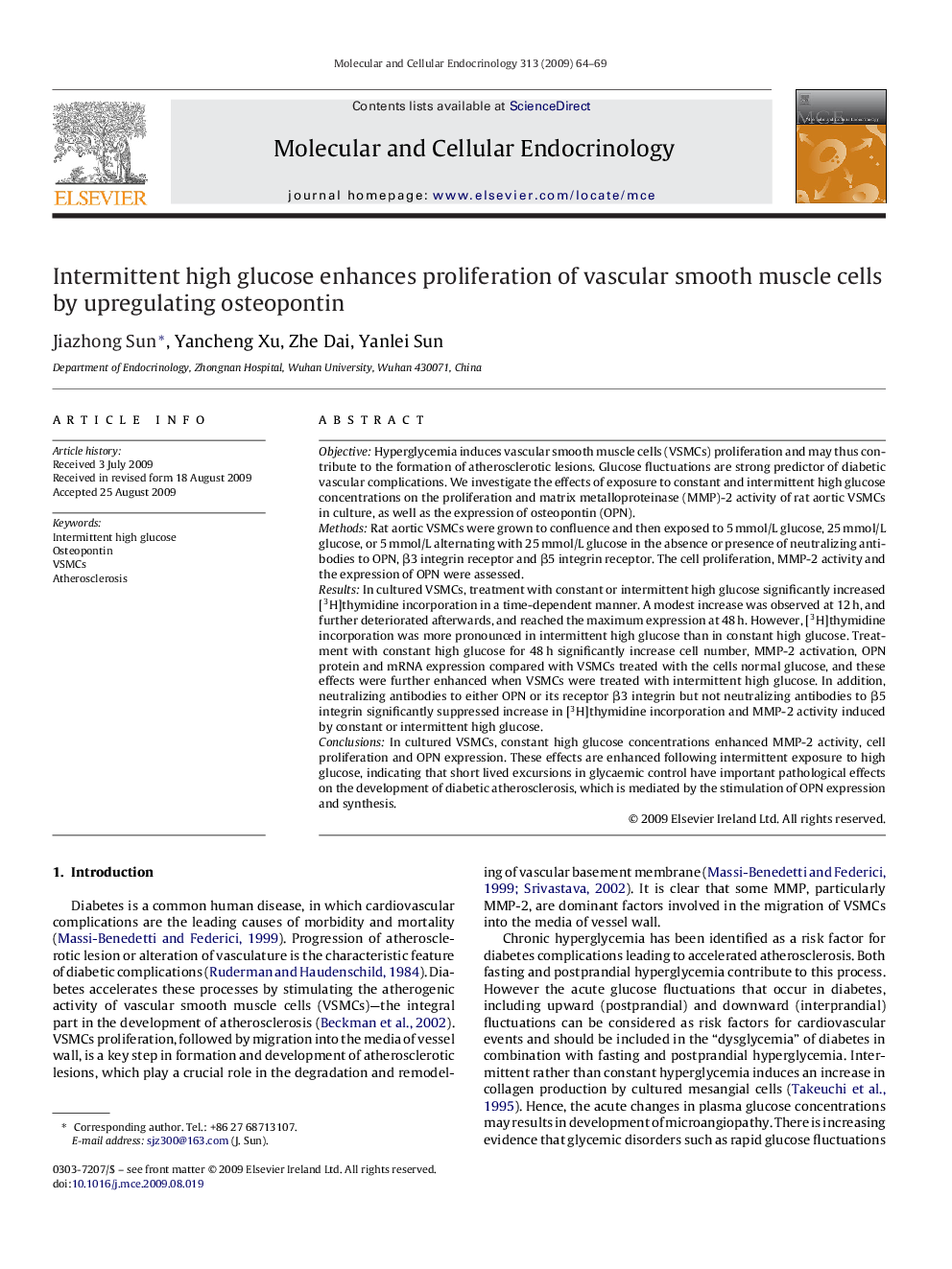 Intermittent high glucose enhances proliferation of vascular smooth muscle cells by upregulating osteopontin