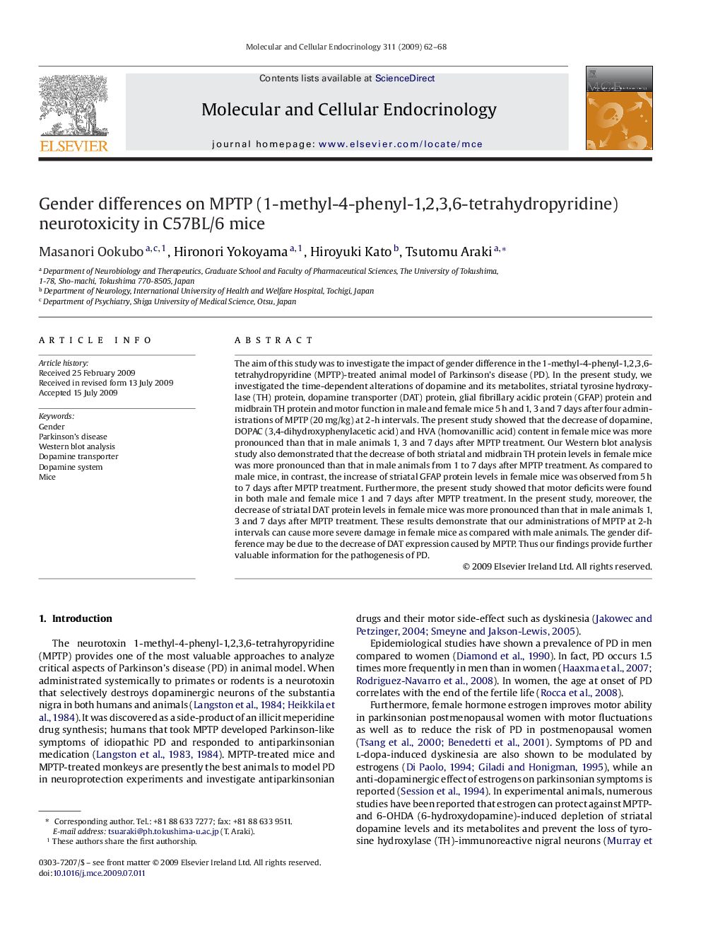 Gender differences on MPTP (1-methyl-4-phenyl-1,2,3,6-tetrahydropyridine) neurotoxicity in C57BL/6 mice