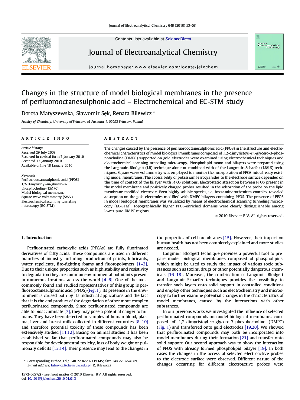 Changes in the structure of model biological membranes in the presence of perfluorooctanesulphonic acid – Electrochemical and EC-STM study