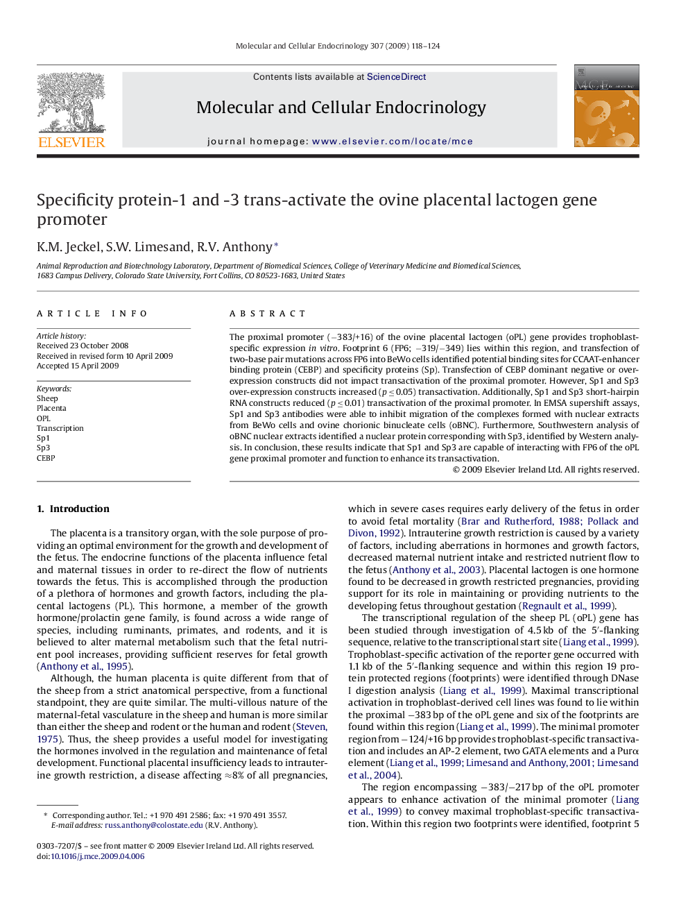 Specificity protein-1 and -3 trans-activate the ovine placental lactogen gene promoter