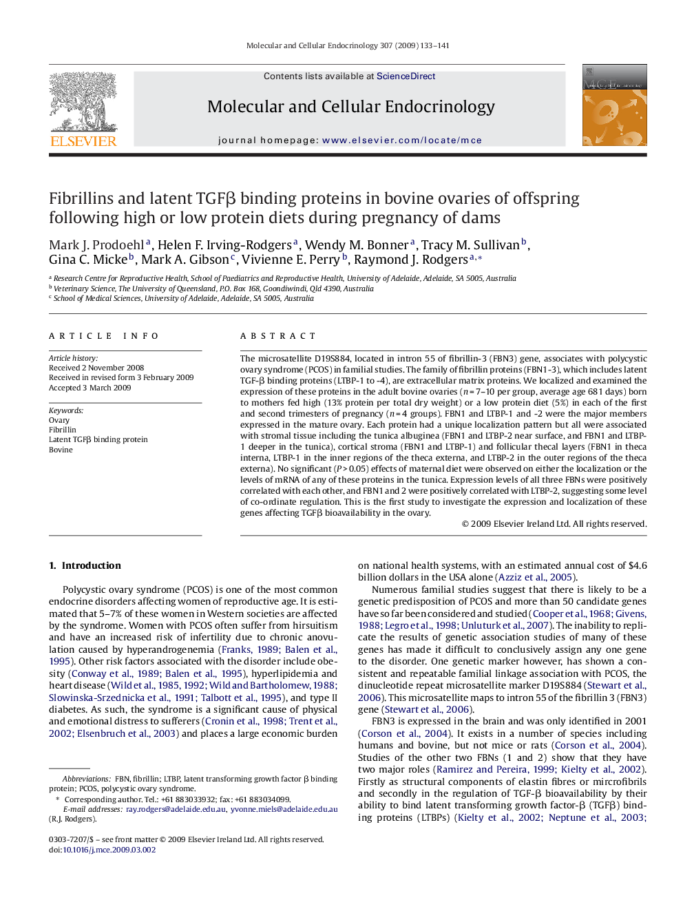 Fibrillins and latent TGFβ binding proteins in bovine ovaries of offspring following high or low protein diets during pregnancy of dams