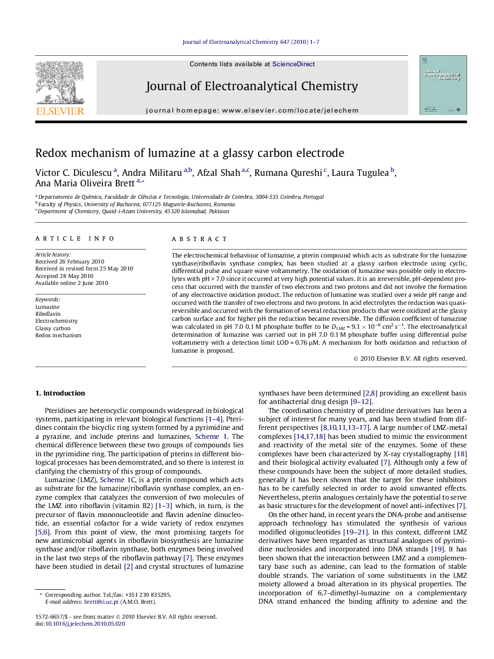 Redox mechanism of lumazine at a glassy carbon electrode